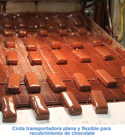 Cinta transportadora plana y flexible para recubrimiento de chocolate